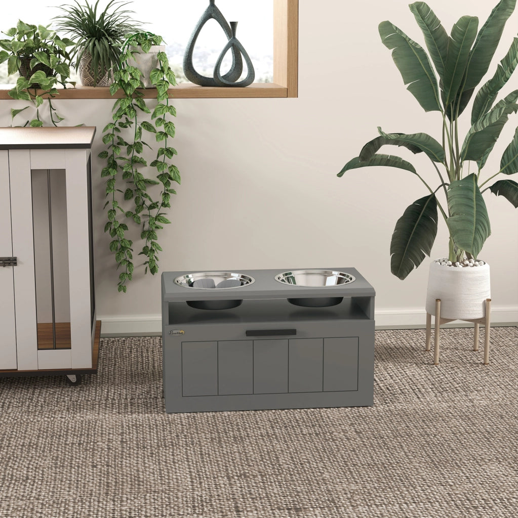 Stazione rialzata per cani grandi con 2 ciotole in acciaio e cassetto; MDF grigio 60x30x35 cm