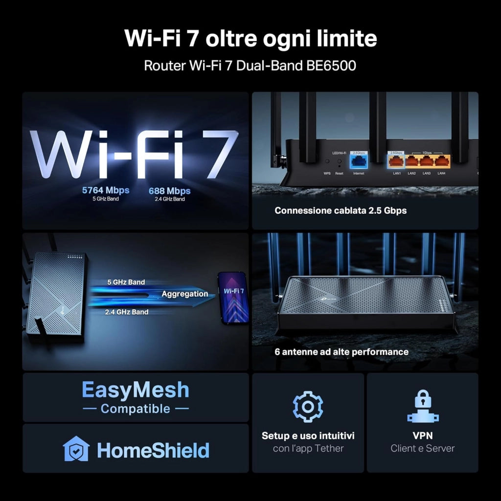 TP-Link Archer BE400 Router Wi-Fi 7 Dual-Band BE6500Mbps, 2.5G WAN, 2.5G LAN, 3 Porte 1G LAN, 4K-QAM, MLO, MU-MIMO, Beamforming, 6 Antenne Esterne, Home Shield, IoT, Compatible con EasyMesh