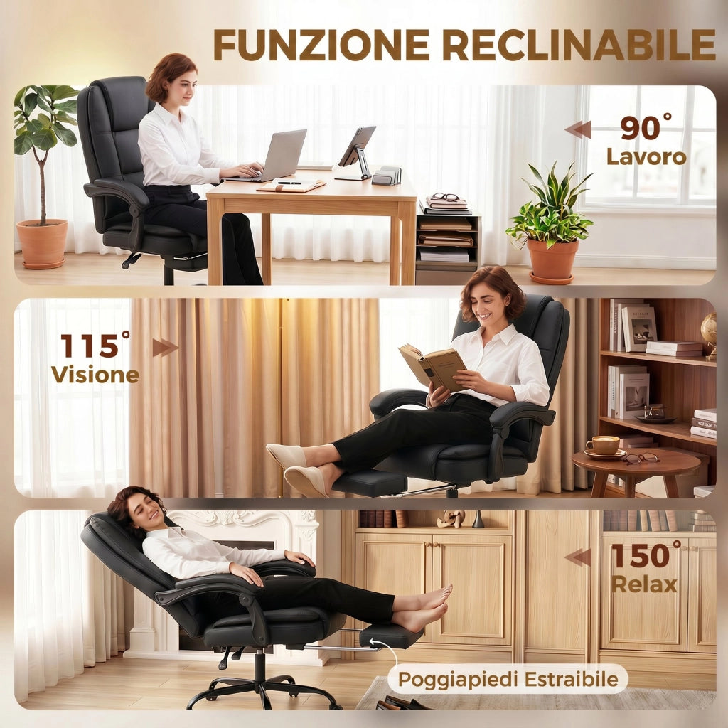 Sedia da Ufficio Ergonomica 65x67x112-122 cm Reclinabile 150° con Poggiapiedi in Cotone e Metallo Nero