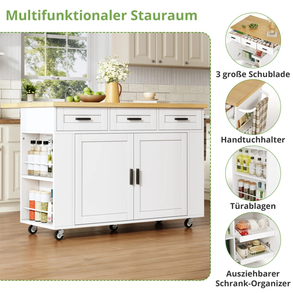 Isola da cucina mobile con piano pieghevole e prese, 120 cm