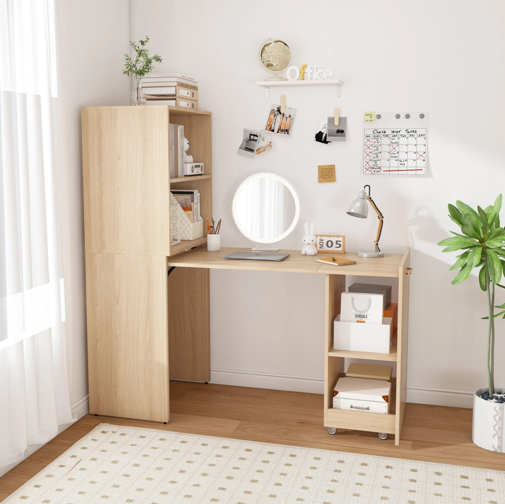 Scrivania estraibile con mobile contenitore in legno naturale
