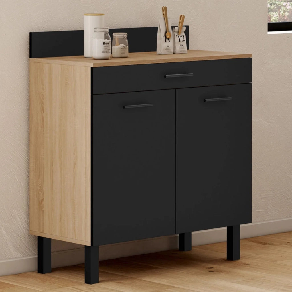 IDMarket - Cassettiera bassa CINA 80 cm, piano di lavoro H.83 cm, 2 ante + cassetto, finitura faggio e nero