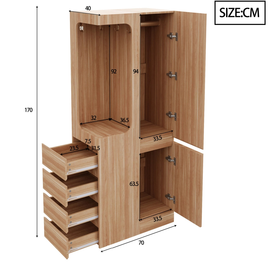 Armadio 70x40x170 cm con 4 cassetti e vano appendiabiti aperto in legno naturale