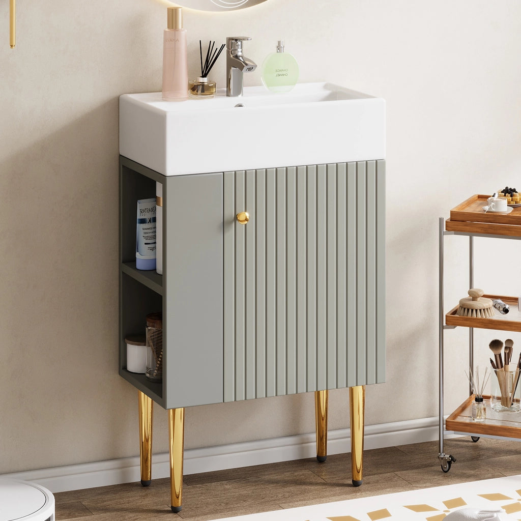 Mobile sotto lavabo da bagno con lavabo in ceramica; vani laterali; per bagno piccolo; grigio e bianco