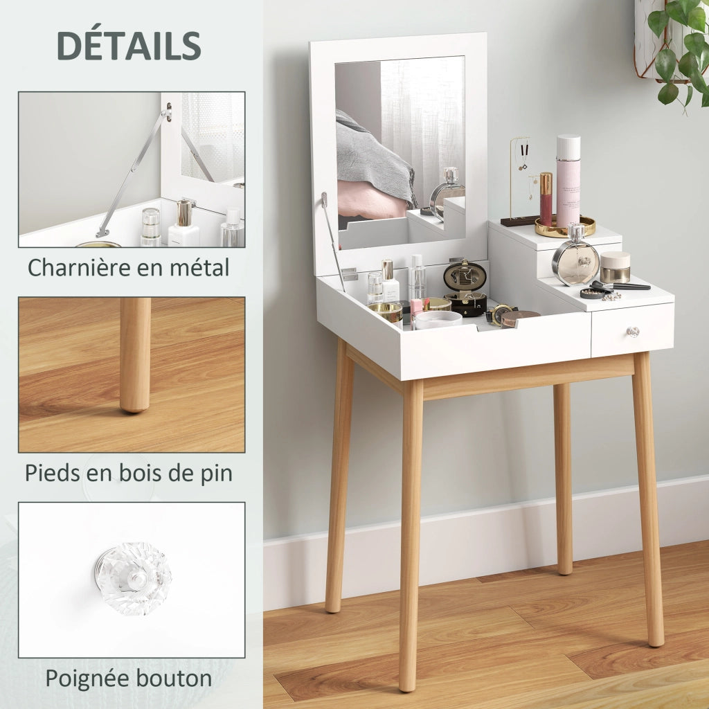 Mobile Toeletta con Specchio a Ribalta e 2 Cassetti Bianco per Camera da Letto e Salotto 60 x 50 x 85,5 cm