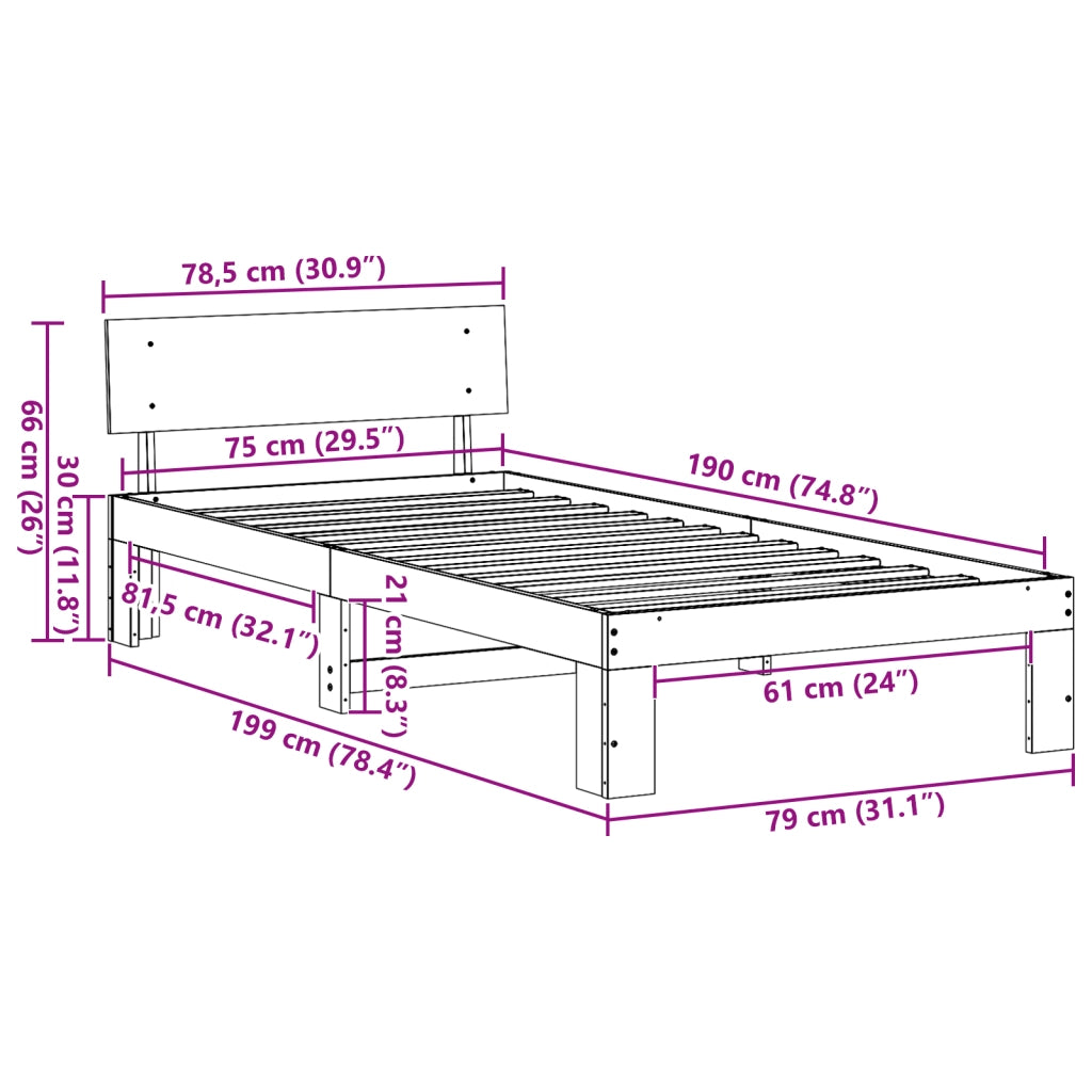 Struttura Letto con Testiera Bianca 75x190 cm Legno Massello di Pino