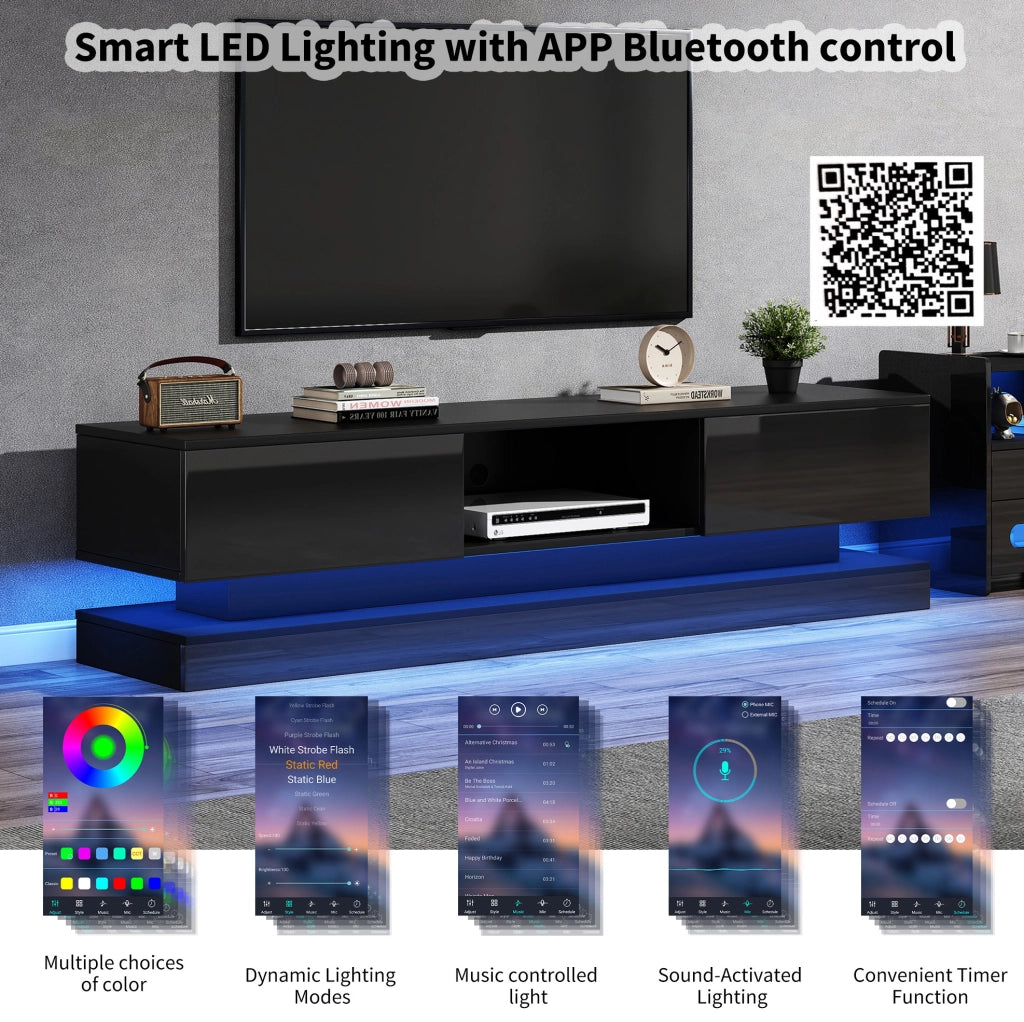 Mobile TV 160 x 35 x 40;5 cm con LED controllabili tramite app; 2 cassetti; nero lucido