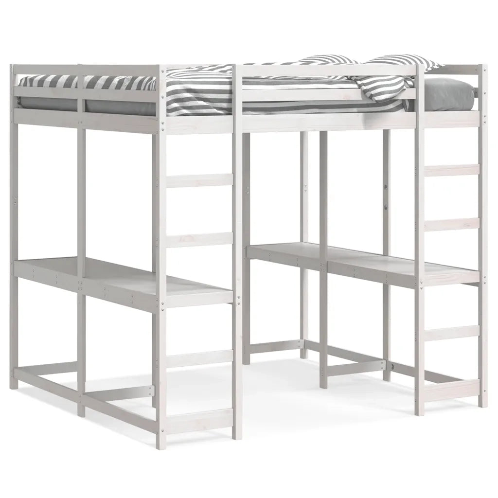 vidaXL Letto Soppalco Scrivania e Scala Bianco 160x200cm Massello Pino