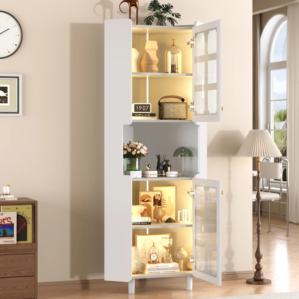 Mobile angolare con LED e 3 zone contenitive in MDF laccato bianco per soggiorno e ingresso 63,5 × 157,5 cm