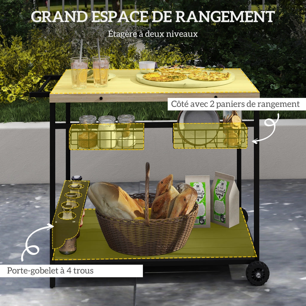 Carrello da giardino per barbecue ¨C Minimal ¨C legno e metallo 2 ripiani 2 cestini