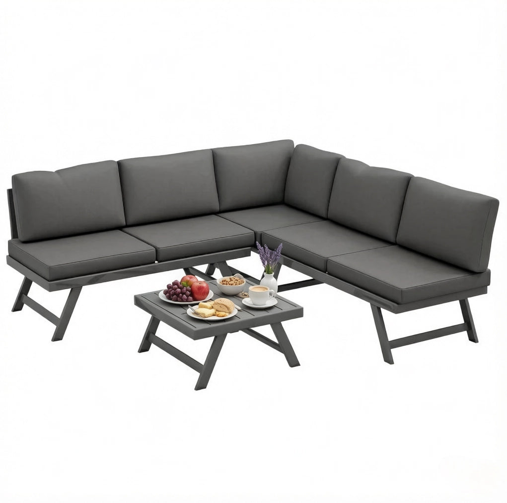 Set salotto da giardino angolare 4 pezzi per 5 persone; grigio; con tavolino in alluminio e acciaio
