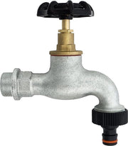 Graviera esterna in ghisa con valvola a disco nero manubrio in ghisa con connessione di tubo 3/4" BSP in ingresso 1" BSP in uscita pressione massima 10 bar temperatura di funzionamento 65°C
