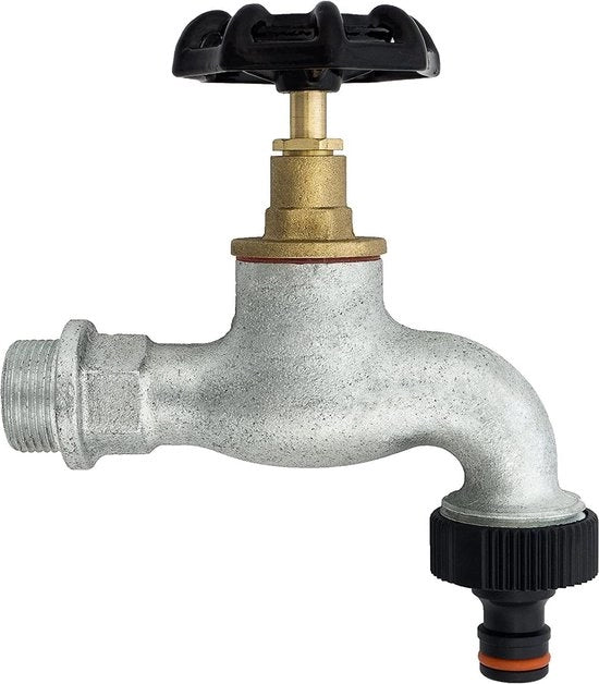 Graviera esterna in ghisa con valvola a disco nero manubrio in ghisa con connessione di tubo 3/4" BSP in ingresso 1" BSP in uscita pressione massima 10 bar temperatura di funzionamento 65°C
