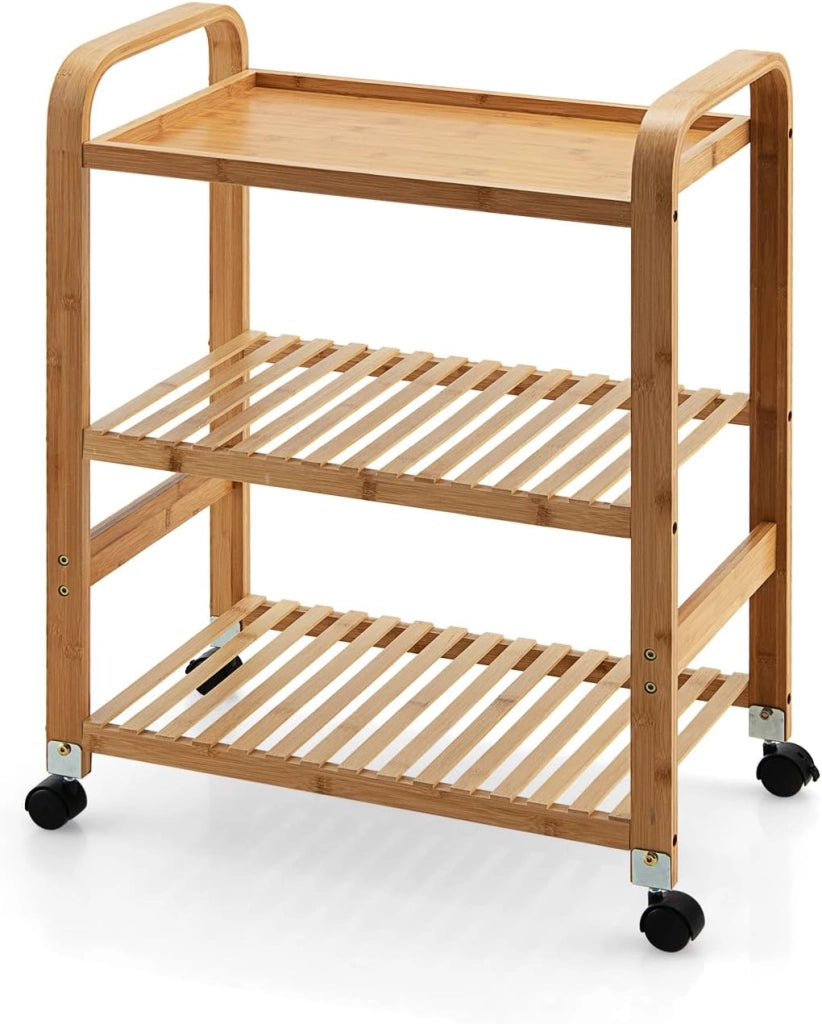 Carrello da portata in bambù, piccolo carrello da cucina su ruote, carrello con 3 ripiani e manici, carrello universale da cucina, carrello multiuso 58 x 33 x 76 cm