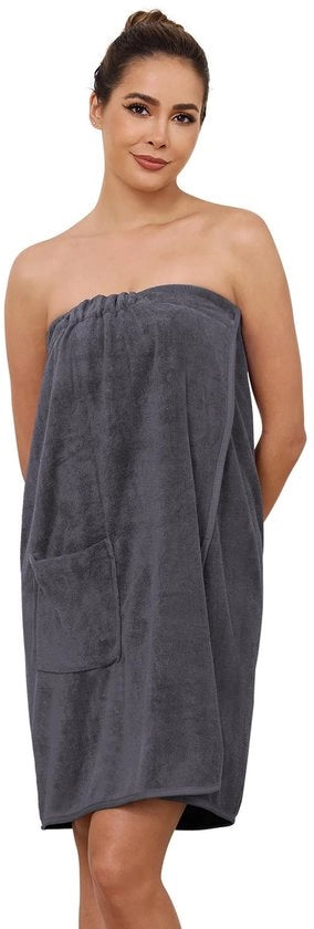 Badia da bagno per donna fino alla ginocchia con chiusura a bottone – Abbagliante giacca da bagno leggera con chiusura regolabile e tasche laterali pratiche Grigio scuro S/M