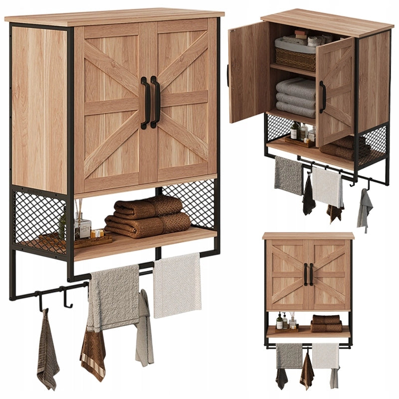 Mobiletto da bagno a parete in stile loft rustico con appendiabiti, marrone chiaro