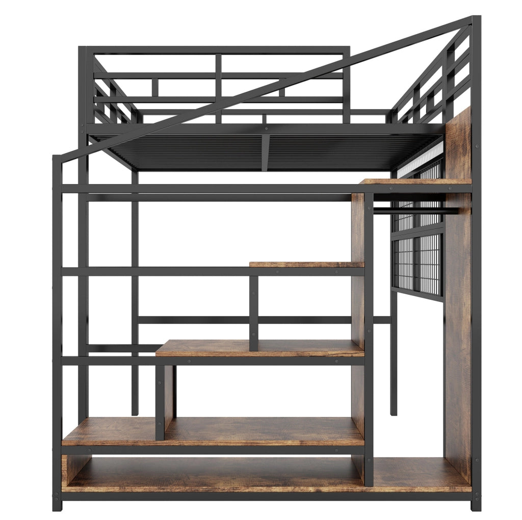 Letto a soppalco 140x200 cm; struttura robusta; scala guardaroba; metallo; nero; (Senza materasso)
