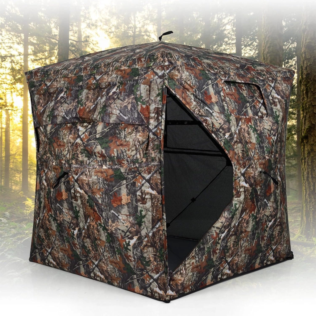 Tenda da Caccia Portatile per 4 Persone, Capanno Mimetico a Visione a 360° con Rete Trasparente e Borsa da Trasporto, Tenda Pop-up Camouflage per Caccia di Cervi e Tacchini, 147 x 147 x 170 cm