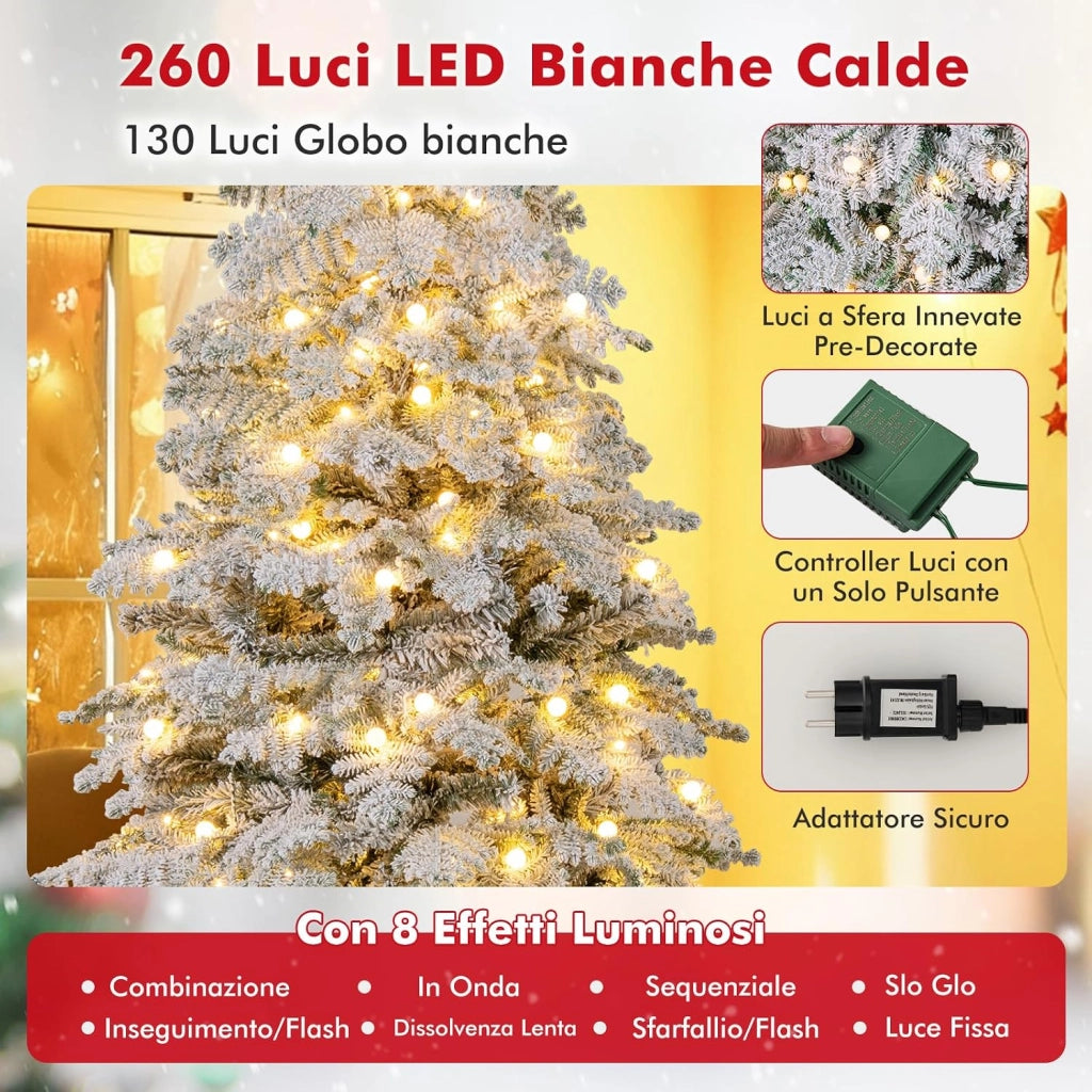Albero di Natale Innevato 180 cm, Albero di Natale Artificiale con 260 Luci LED, 130 Palline, 616 Rami, 8 Modalità di Illuminazione, Decorazione Natalizia per Festa (180 cm)