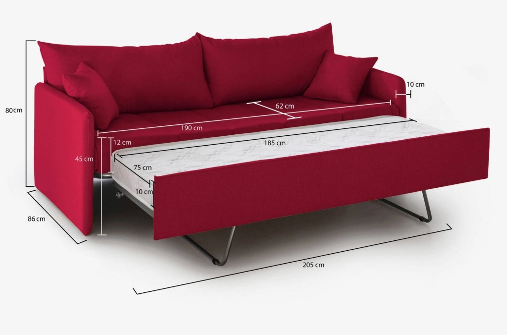 Avellana, Divano Letto 3 Posti Sfoderabile Made in Italy, 205x86 cm Rosso