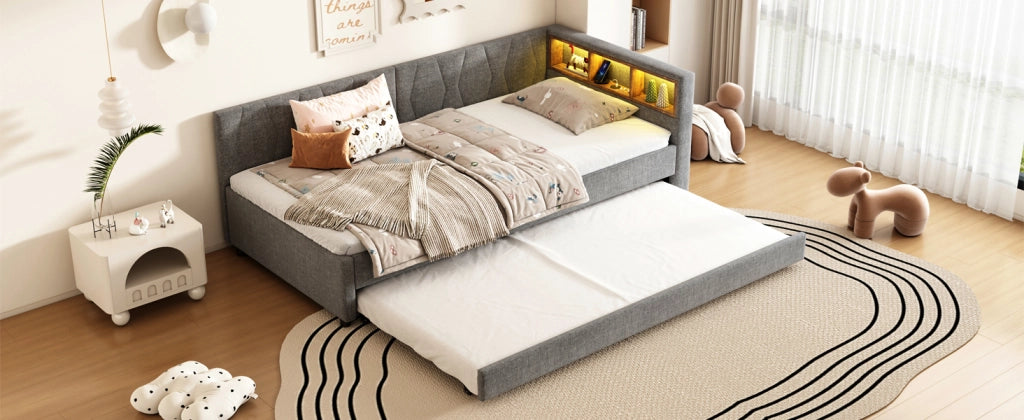 DESMIU Divano letto 90 × 200 cm 1 posto con vani portaoggetti, USB, Type-C e striscia LED, senza materasso, grigio