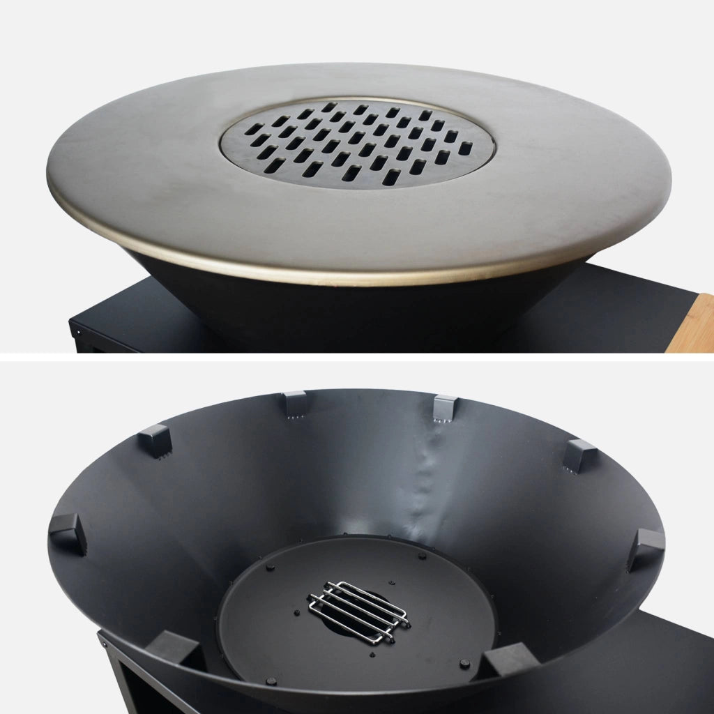 Braciere barbecue ø80cm, carrello con spazi di stoccaggio, coperchio e