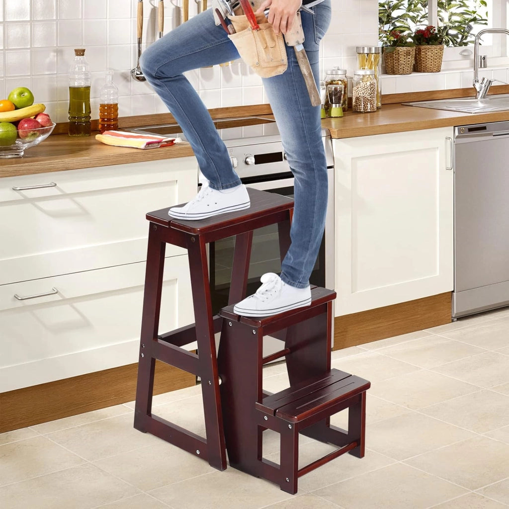 2 in 1 Scaletta e Sgabello Legno, Sgabello Scala Pieghevole, a 3 Gradini, Portata di 150 kg, Richiudibile e Salvaspazio, Ideale per Soggiorno/Studio/Ufficio, 38,5x57x66 cm, 2 Colori