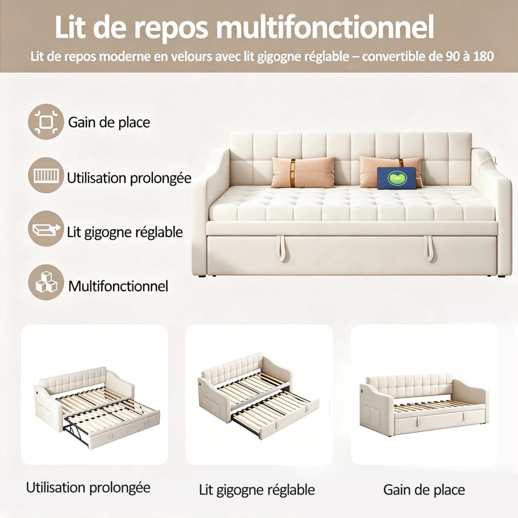 Letto divano estensibile 2 in 1 90x190/180x190 cm imbottito con USB e presa elettrica; velluto beige