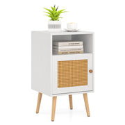 Comodino con mensola aperta e porta in rattan-Tavolino da notte in stile country per camera da letto e soggiorno Bianco