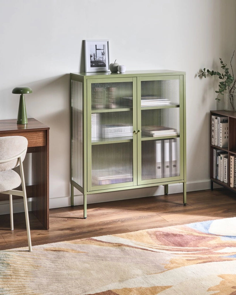 Vetrina moderna in acciaio verde e ante in vetro 90 x 31 cm stile contemporaneo industriale sala da pranzo soggiorno