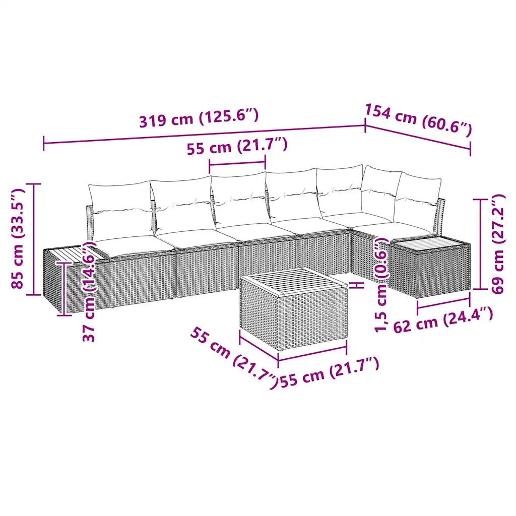 Set Divano da Giardino con cuscino 7 pcs Nero Poly Rattan 3348098