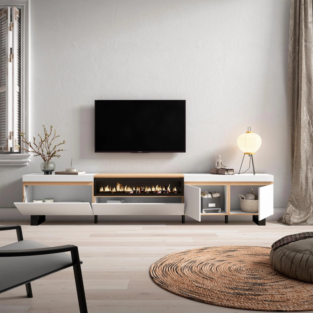 Mobile TV Soggiorno, 288x57x35 cm, TV di grande formato, Camino elettrico, Design industriale, Bianco e Rovere soft