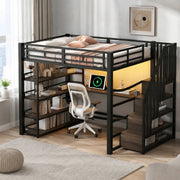 Letto a soppalco in metallo 140x200 con scrivania, scale contenitive e LED