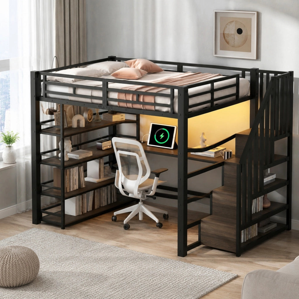 Letto a soppalco in metallo 140x200 con scrivania, scale contenitive e LED