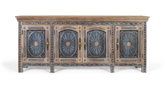 Credenza in teak intagliato bicolore naturale e blu invecchiato