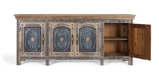 Credenza in teak intagliato bicolore naturale e blu invecchiato