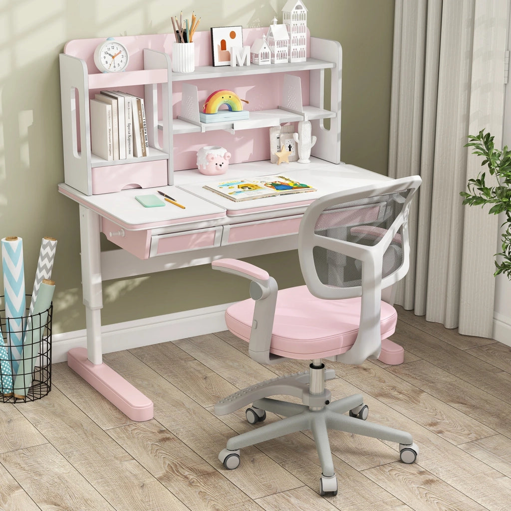 Sedia da scrivania per bambini rosa, sedia da studio ergonomica regolabile in altezza con braccioli e poggiapiedi
