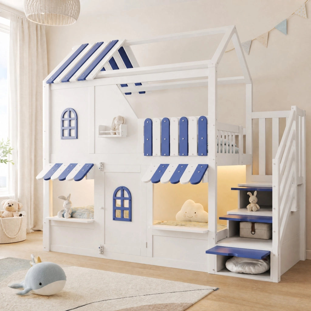 Letto a castello per bambini 90x200 cm a forma di casetta; con LED; ripiani; bianco e blu
