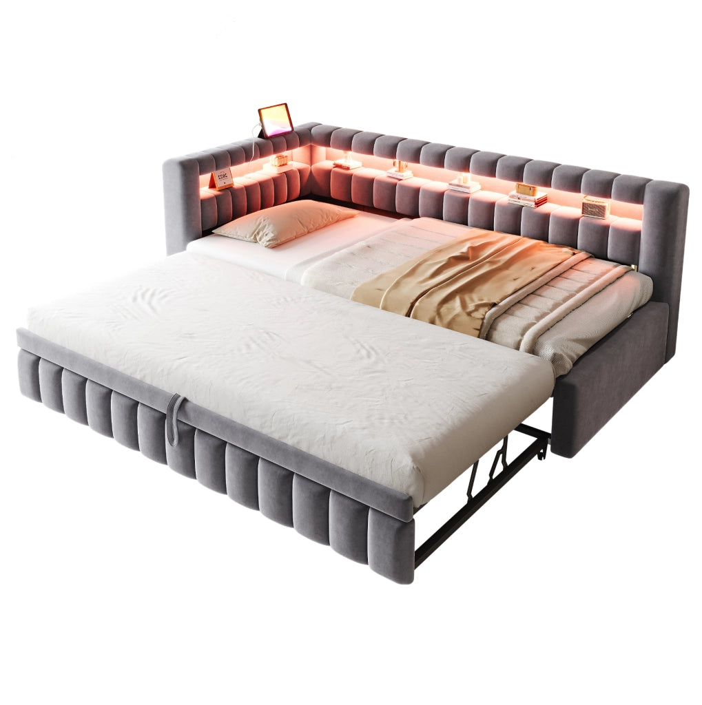 Divano letto convertibile 90x200 cm in velluto grigio scuro, LED e USB