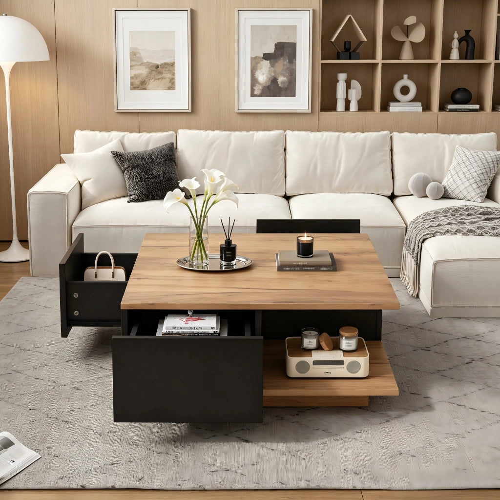 Tavolino da caffè con 3 cassetti e vano aperto; per soggiorno; in truciolare; 70×70×31.5 cm