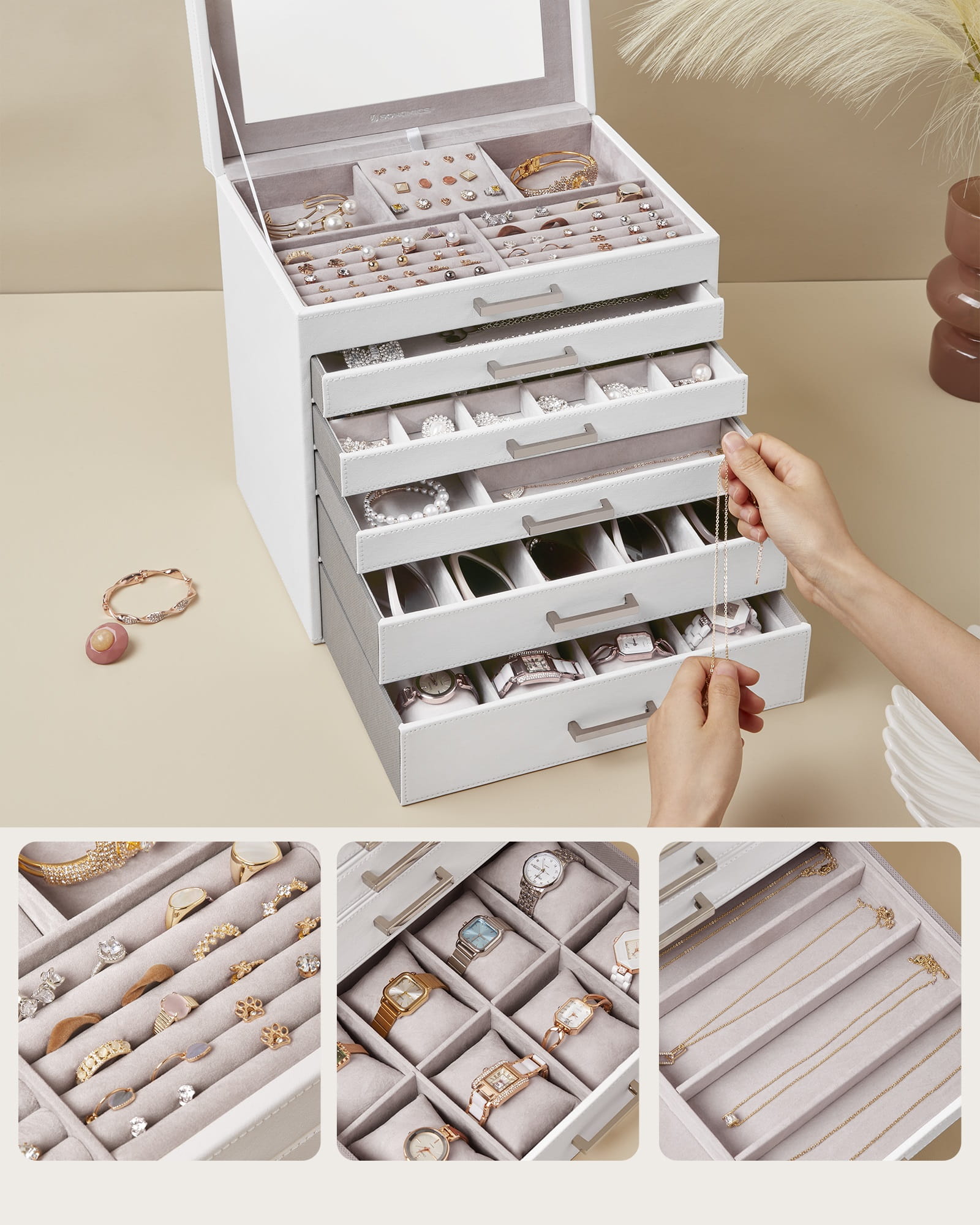 Portagioie Valora bianco con specchio e 5 cassetti foderati in velluto