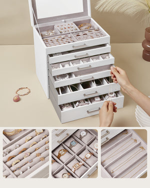 Portagioie Valora bianco con specchio e 5 cassetti foderati in velluto