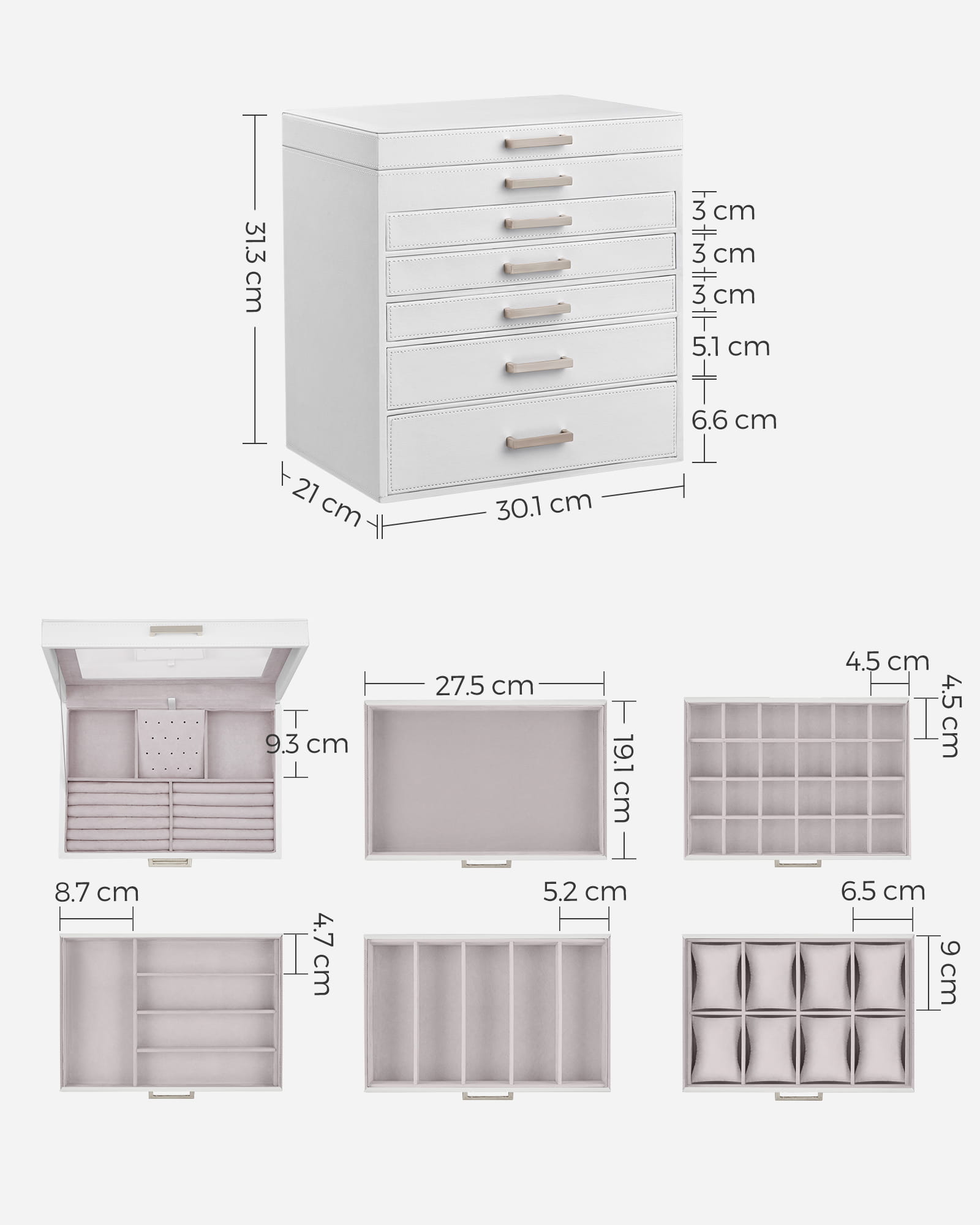 Portagioie Valora bianco con specchio e 5 cassetti foderati in velluto