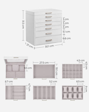 Portagioie Valora bianco con specchio e 5 cassetti foderati in velluto