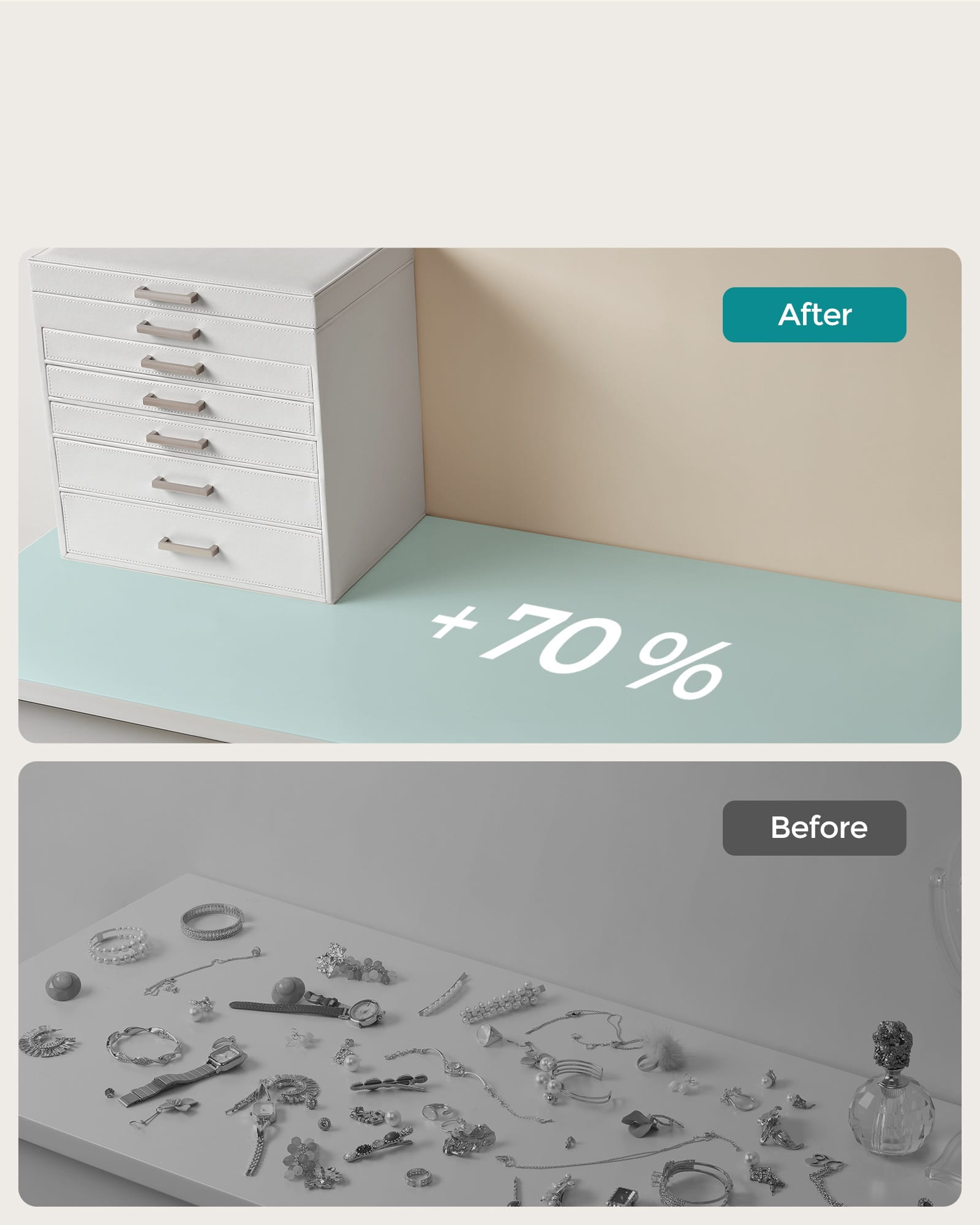 Portagioie Valora bianco con specchio e 5 cassetti foderati in velluto