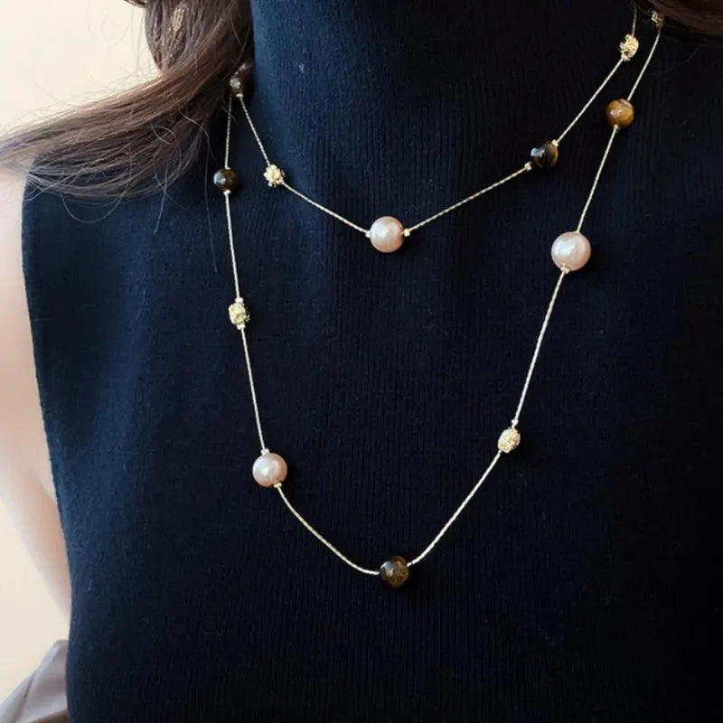 Collana vintage con perle occhio di tigre, realizzata a mano con perline