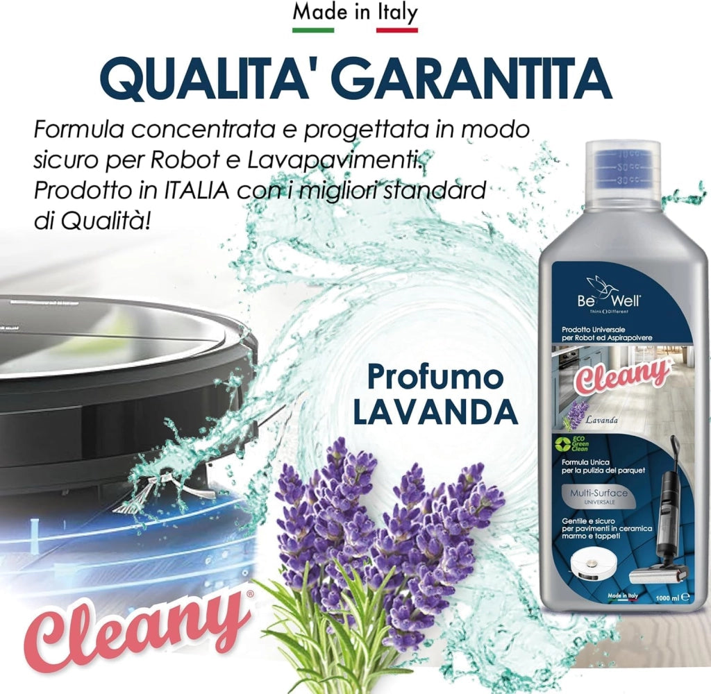 CLEANY Detergente Concentrato per Robot Lavapavimenti e Aspirazione con Igienizzante Multisurface 1000ml pulizia senza aloni e sostenibile Adatto a tutti i Robot (LAVANDA)