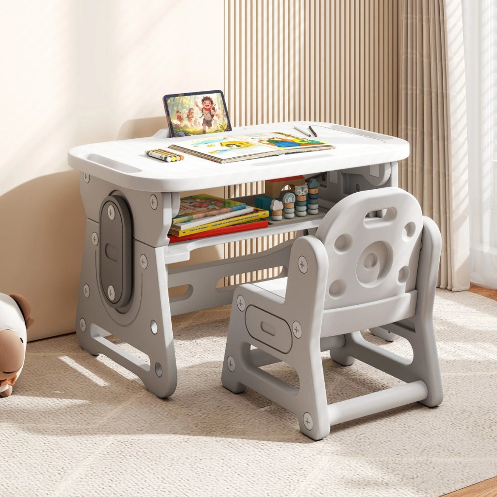 Tavolo da disegno regolabile in altezza per bambini con lavagna inclinabile, Set tavolo e sedia per bambini di 3+ anni Grigio-Tavoli e sedie