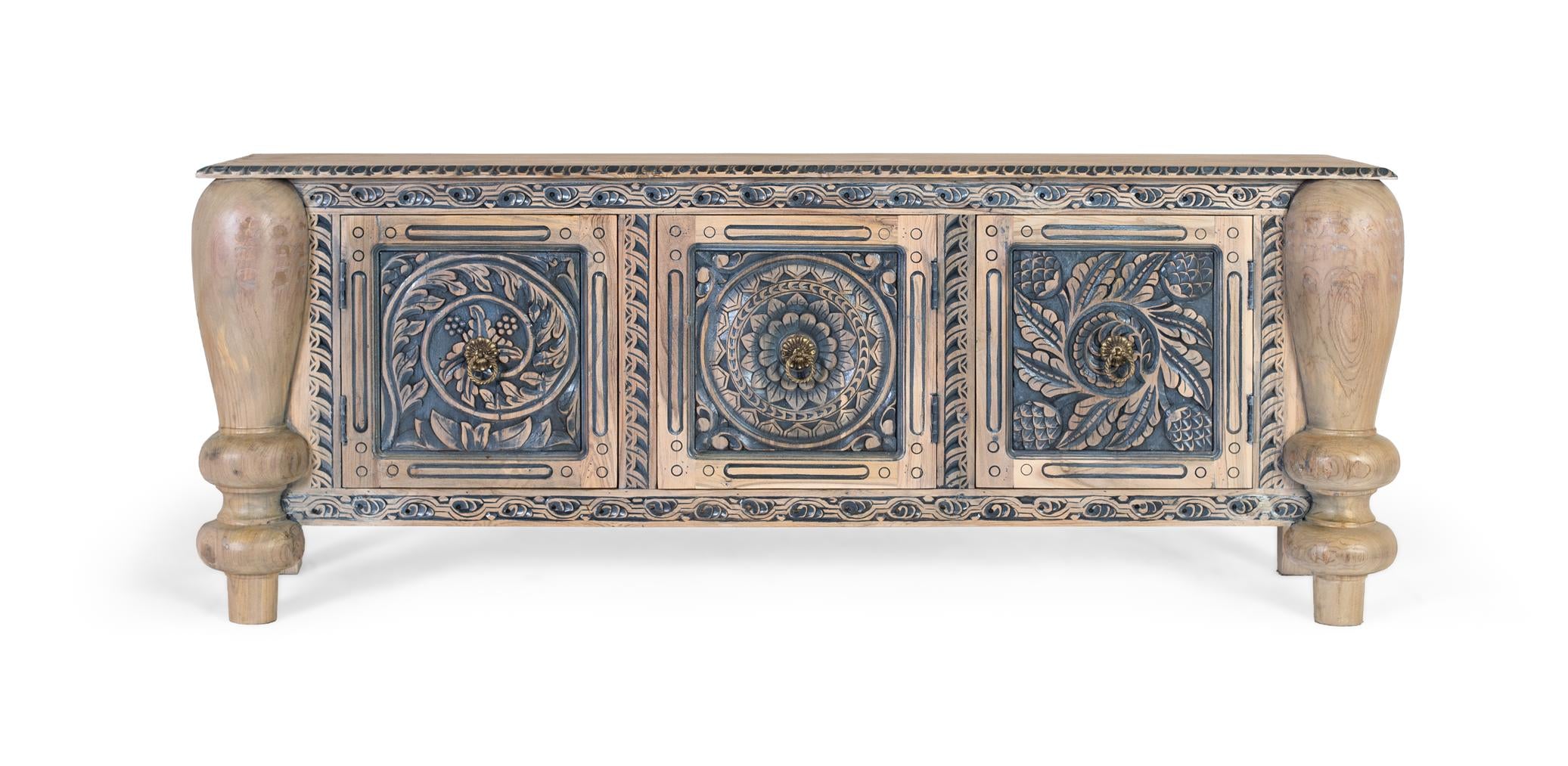 Credenza in teak massello intagli a mano e gambe tornite