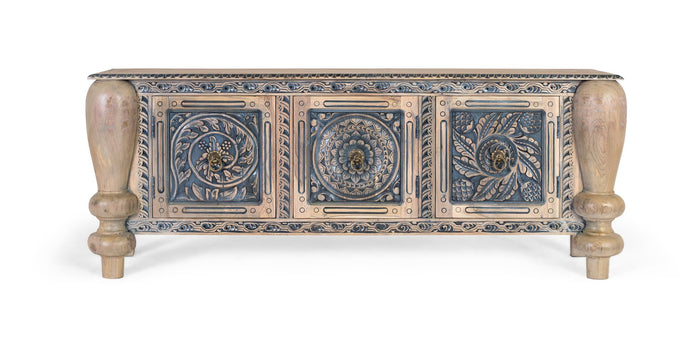 Credenza in teak massello intagli a mano e gambe tornite